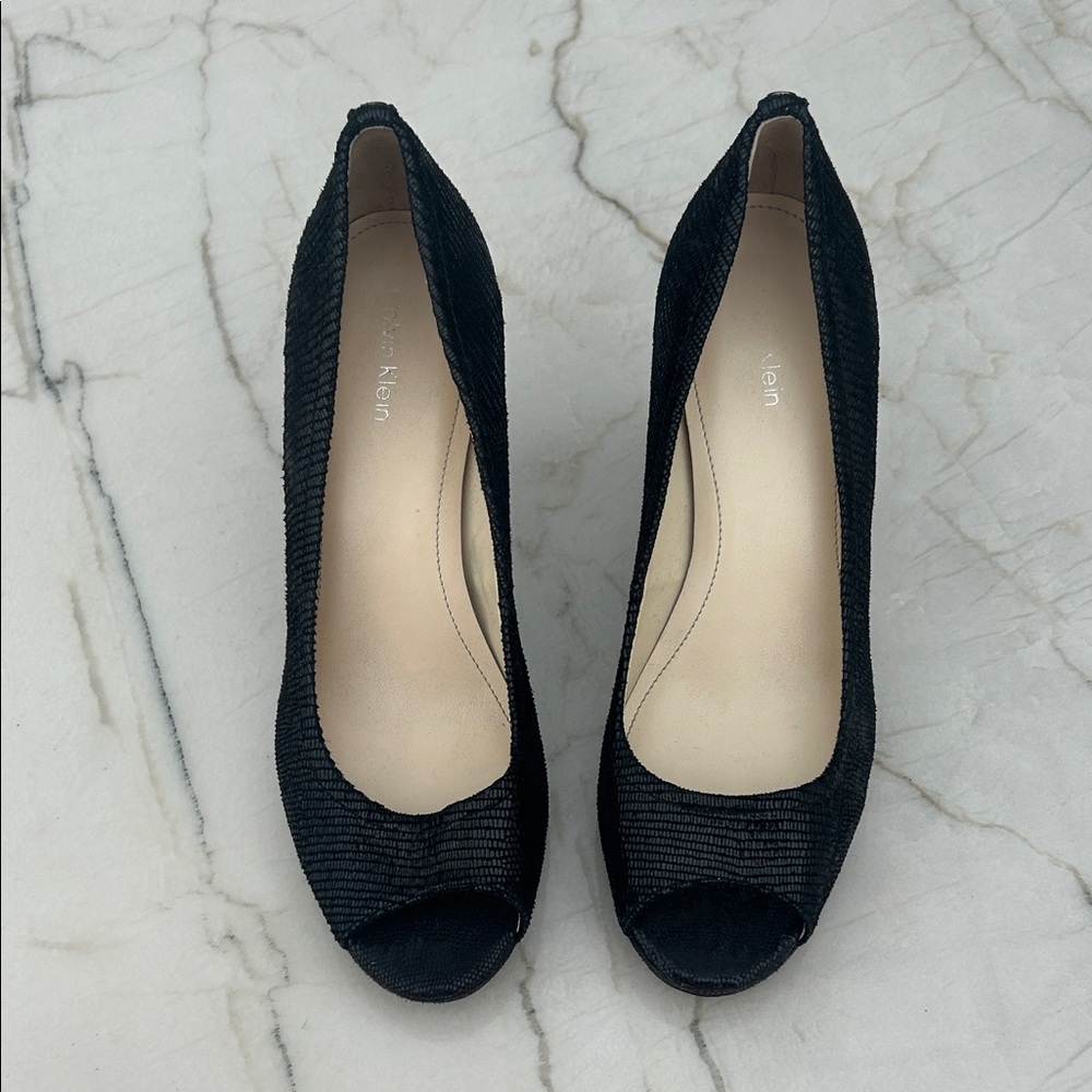 Calvin Klein Black Textured Peep Toe Heels